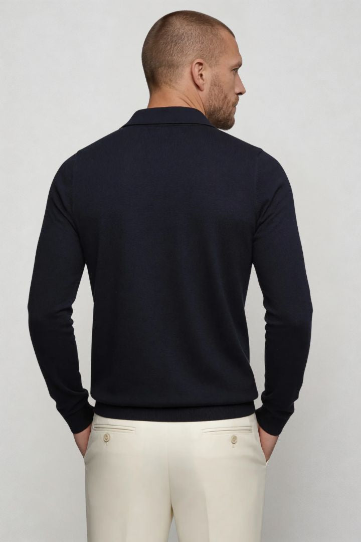 Men’s navy long sleeve knit polo shirt with tailored fit and structured collar