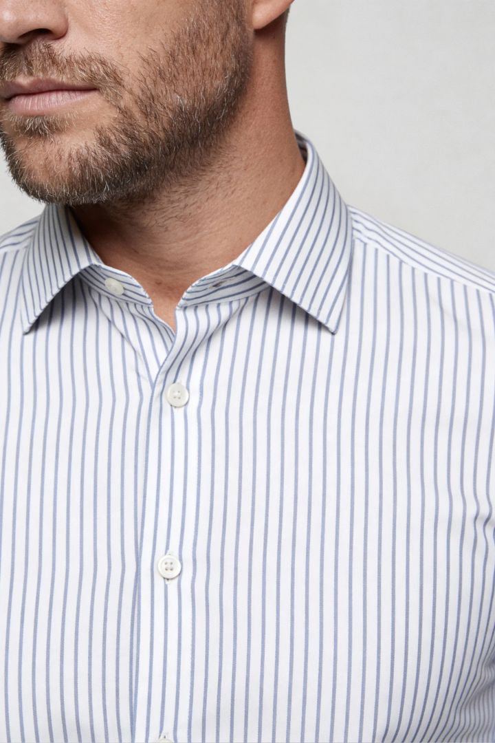 men’s modal dress shirt striped wrinkle resistant stretch button down white close-up