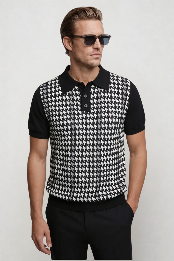 Tate Houndstooth Knit Polo - Black