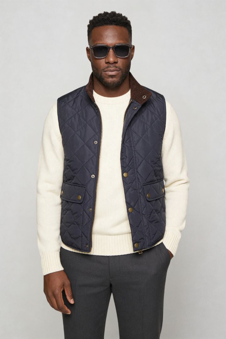 Rosaro quilted vest for men with diamond quilting, corduroy collar and lightweight insulated design in navy