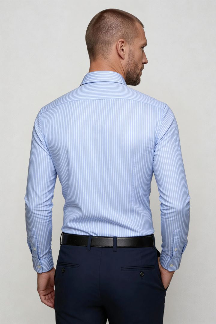 men’s modal dress shirt striped wrinkle resistant stretch button down in blue back