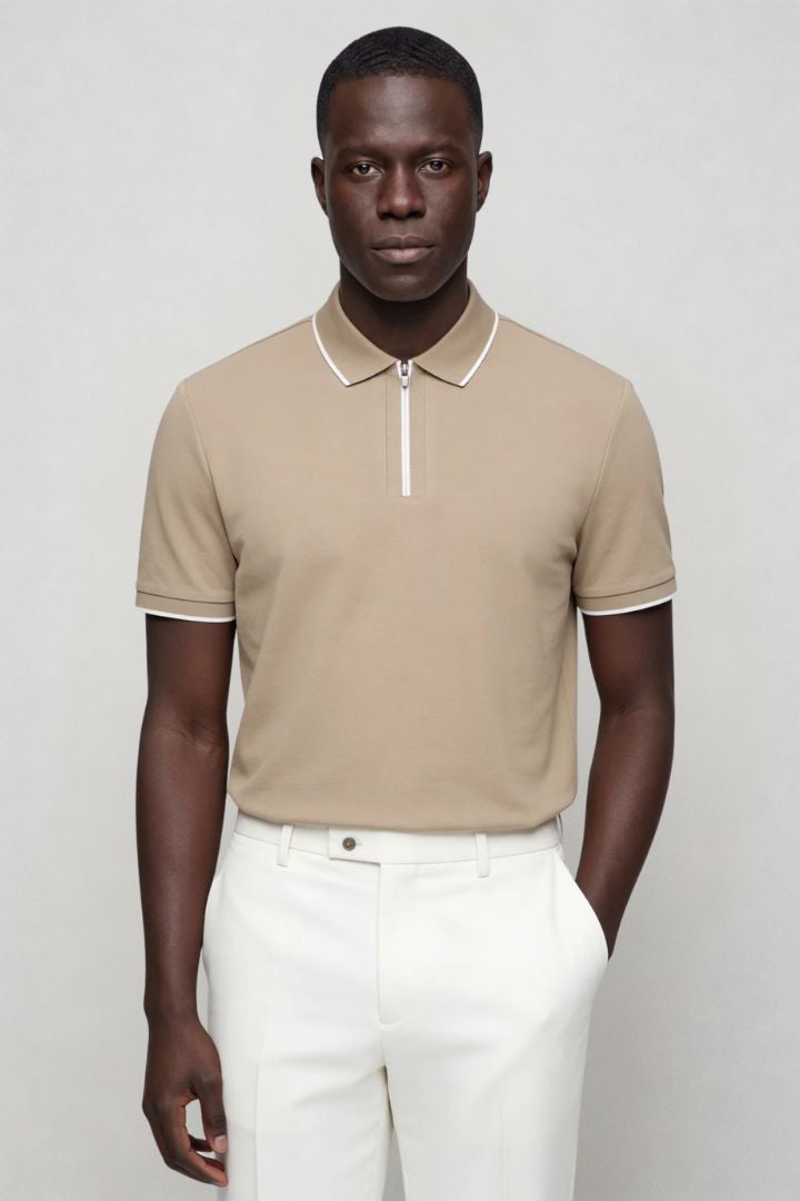 Men’s sand half zip polo shirt in stretch cotton slim fit with short sleeves and contrast collar trim front view