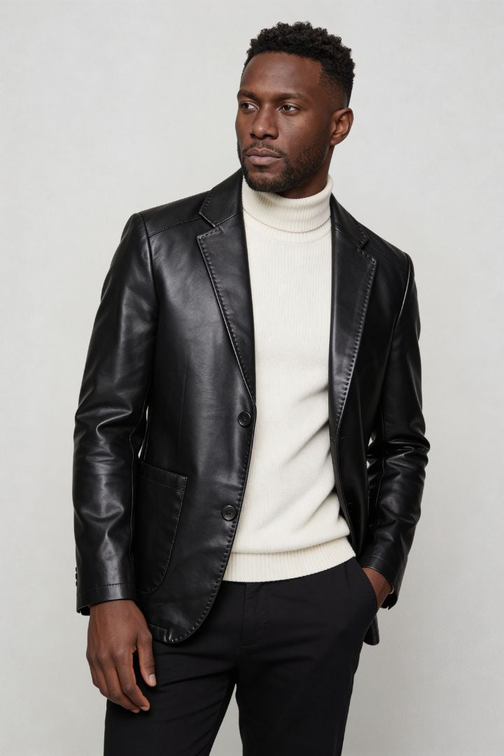 Men’s tailored vegan leather blazer slim fit structured dress jacket front