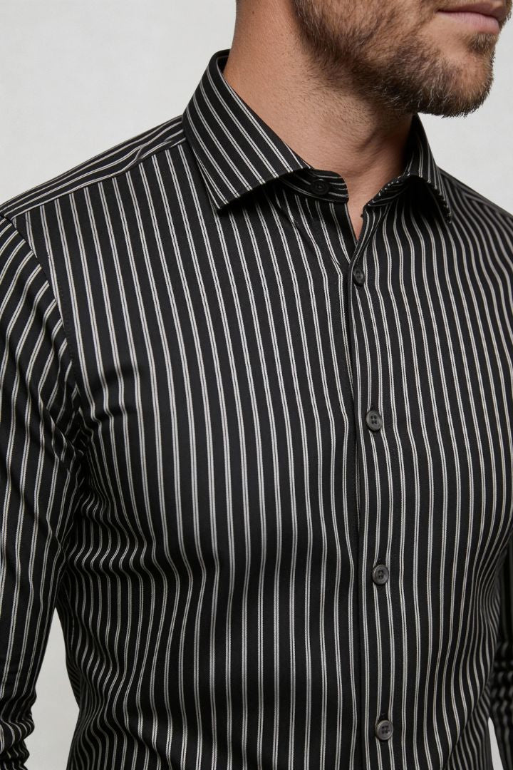 men’s modal dress shirt striped wrinkle resistant stretch button down in black close-up