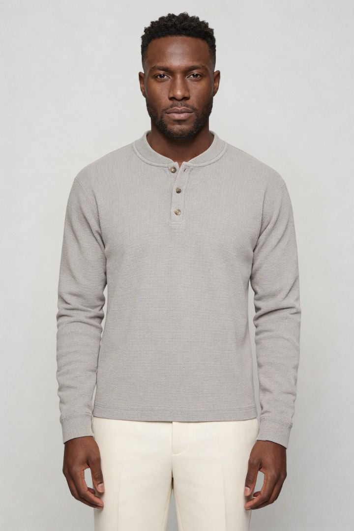 Lavencio Men’s slim fit long sleeve henley shirt in cotton waffle knit texture