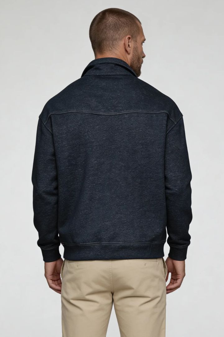 Men’s navy cotton quarter zip sweater with structured collar and ribbed cuffs
