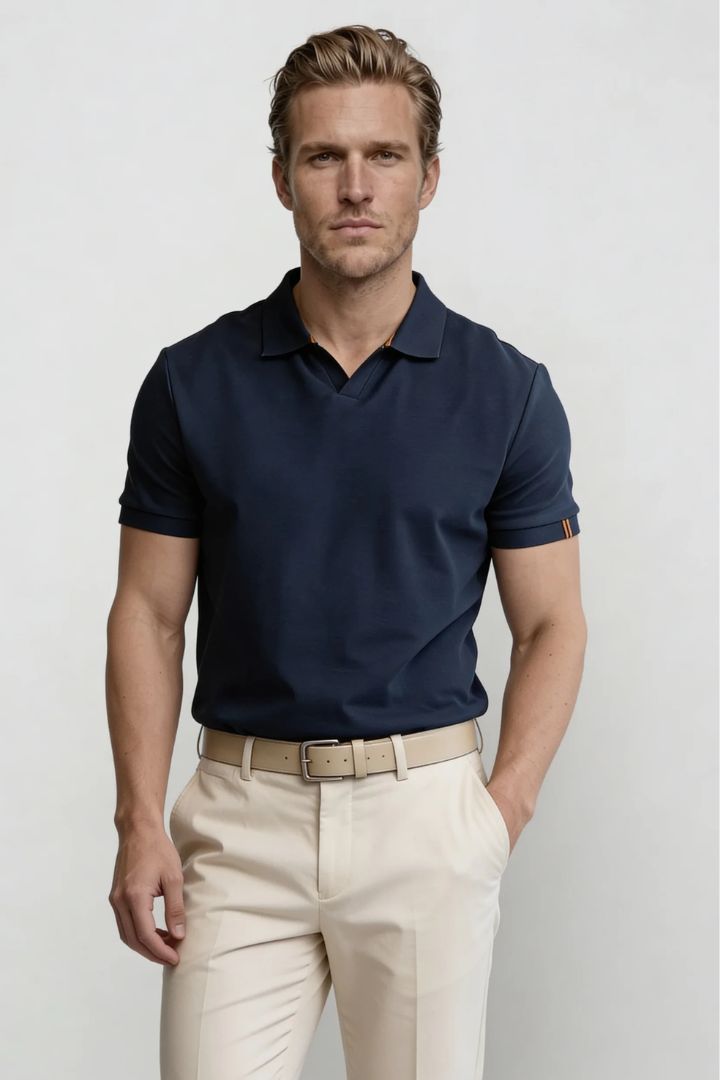 Men’s navy cotton polo shirt with tailored fit and structured collar