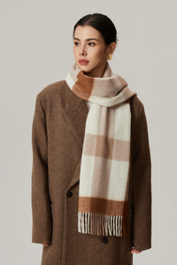 Woman wearing a brown coat and checkered scarf on a plain background