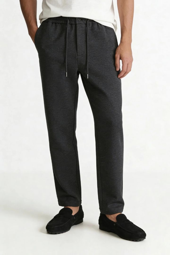 Mens wool blend drawstring trousers charcoal front view