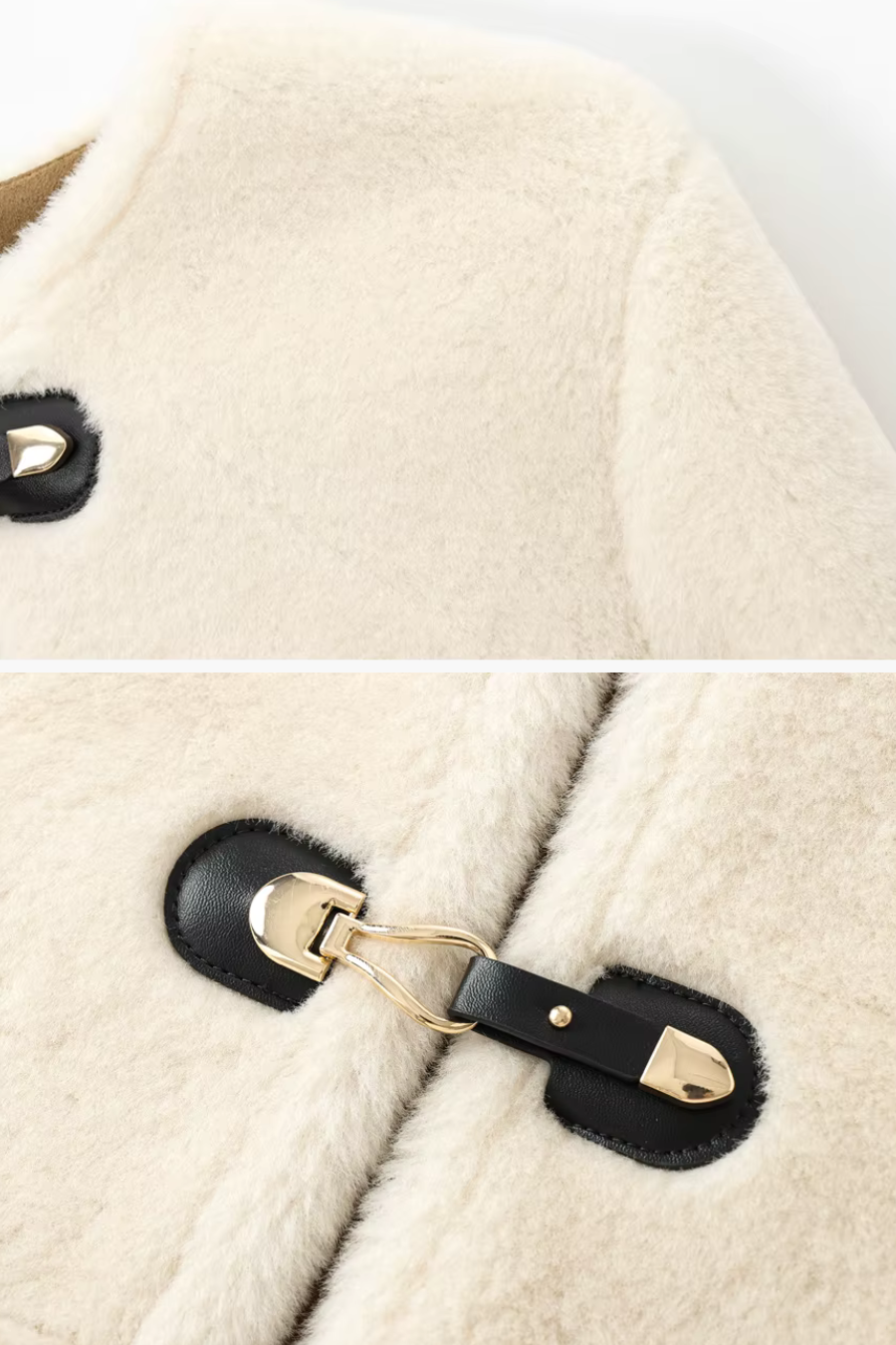 Gold-tone toggle and contrast tab detail on ivory faux-shearling jacket.