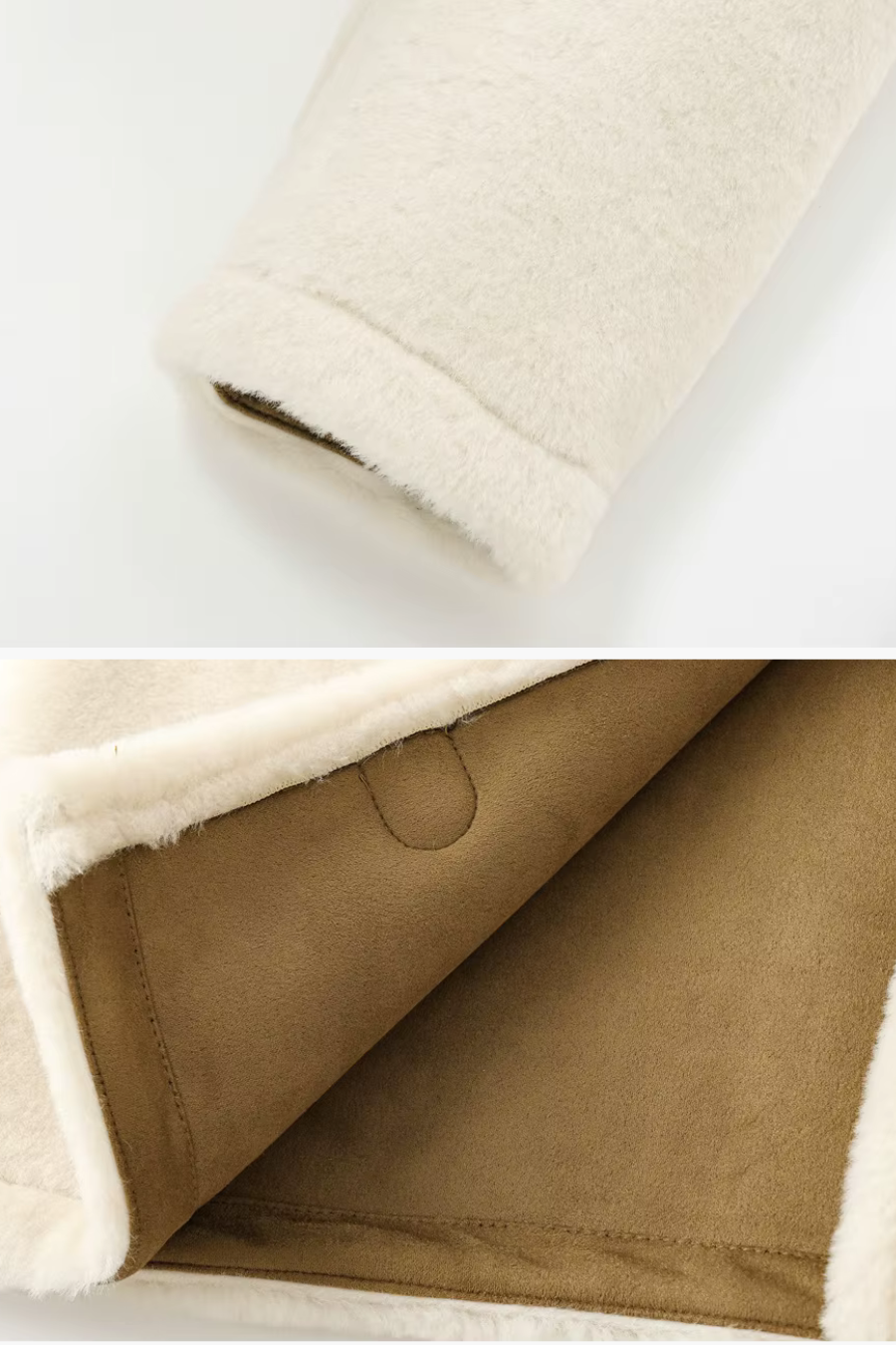 Ivory faux-shearling sleeve and soft faux-suede interior lining—detail.