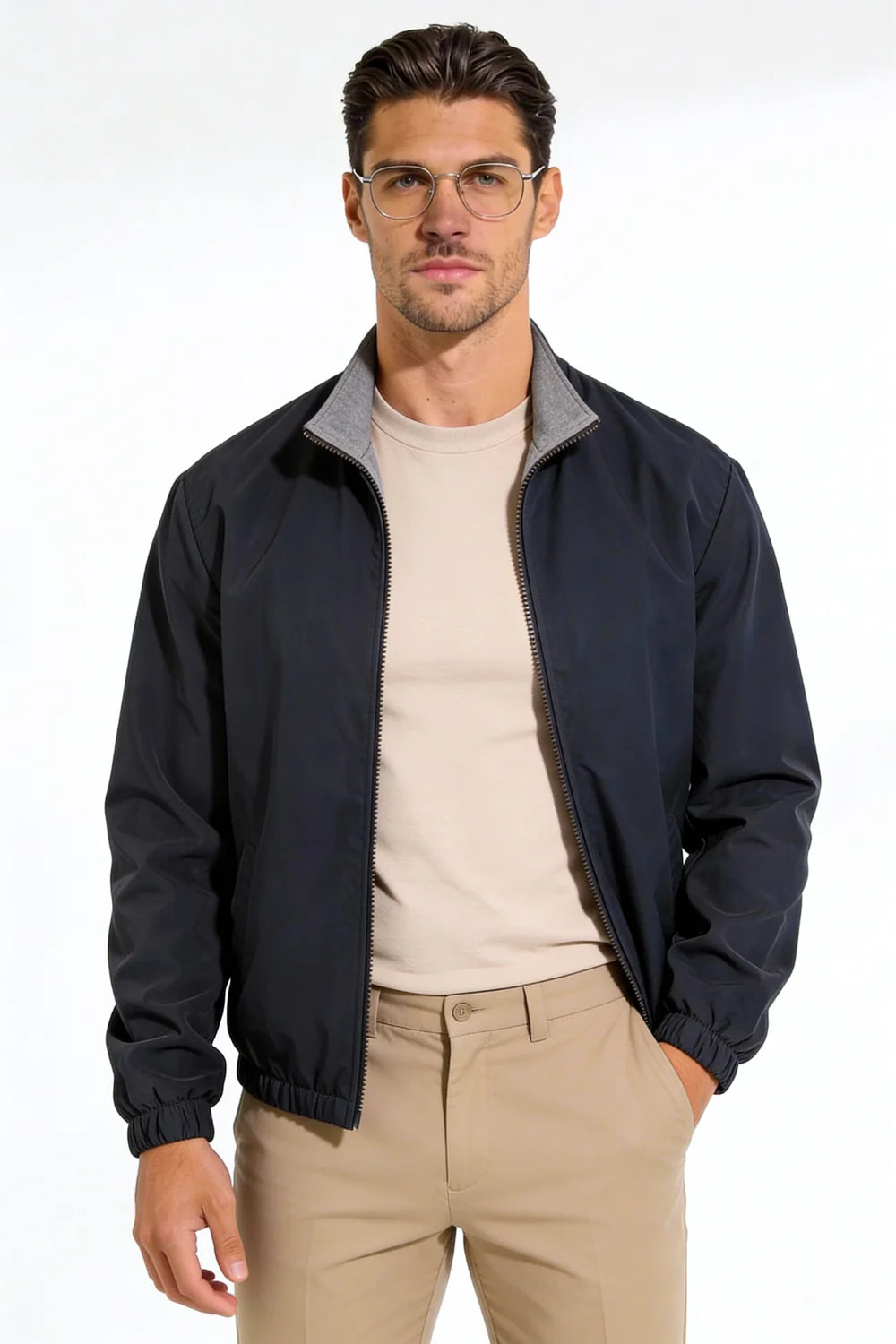 Men wearing the Harlan Lightweight Reversible Jacket with a clean, tailored fit and minimalist design on a studio background.
