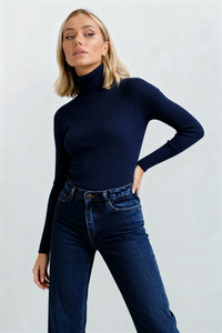 Ribbed Cotton Turtleneck Sweater - Navy
