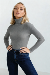 Ribbed Cotton Turtleneck Sweater - Gray