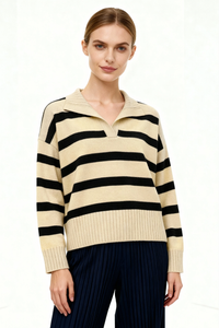 Breton Stripe Polo Sweater - Sand Black