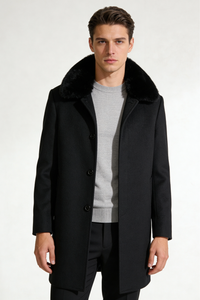 Sterling Fur Collar Wool Overcoat - Black