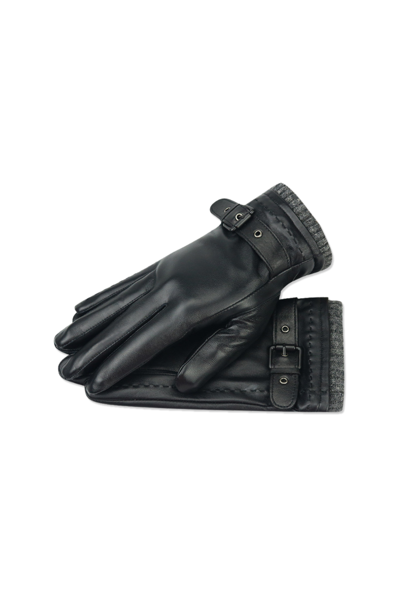 Men’s black genuine leather gloves with fleece lining and adjustable wrist strap