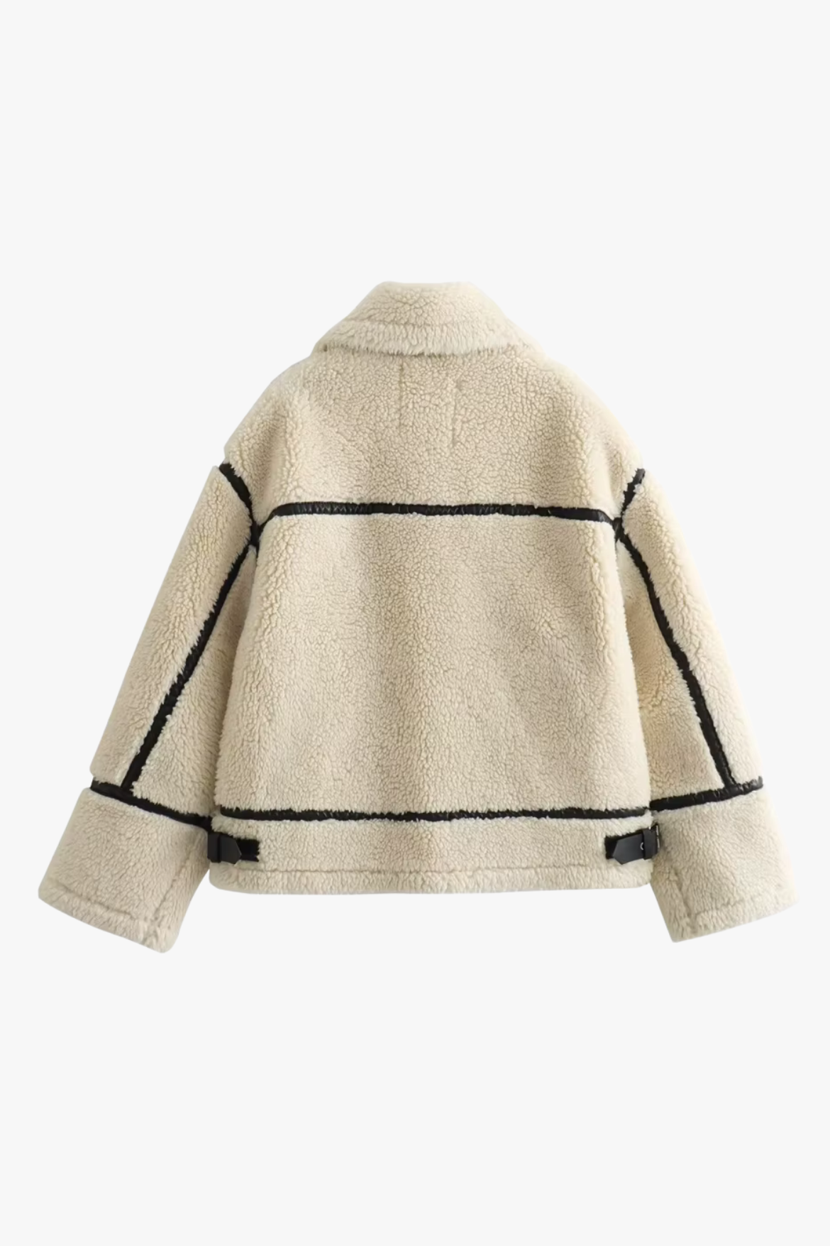 Back of cream teddy aviator jacket showing contrast piping lines