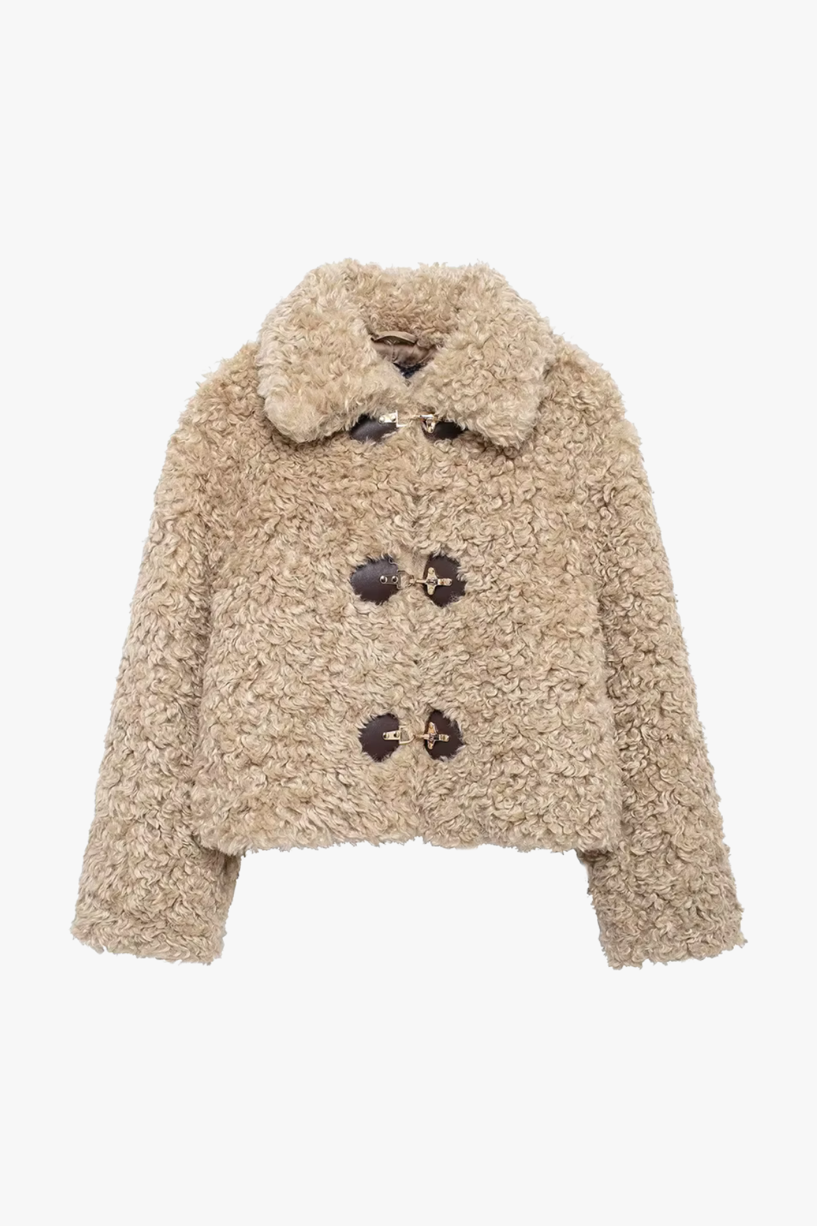 Women’s camel curly teddy sherpa toggle jacket - cropped, boxy fit, front view.