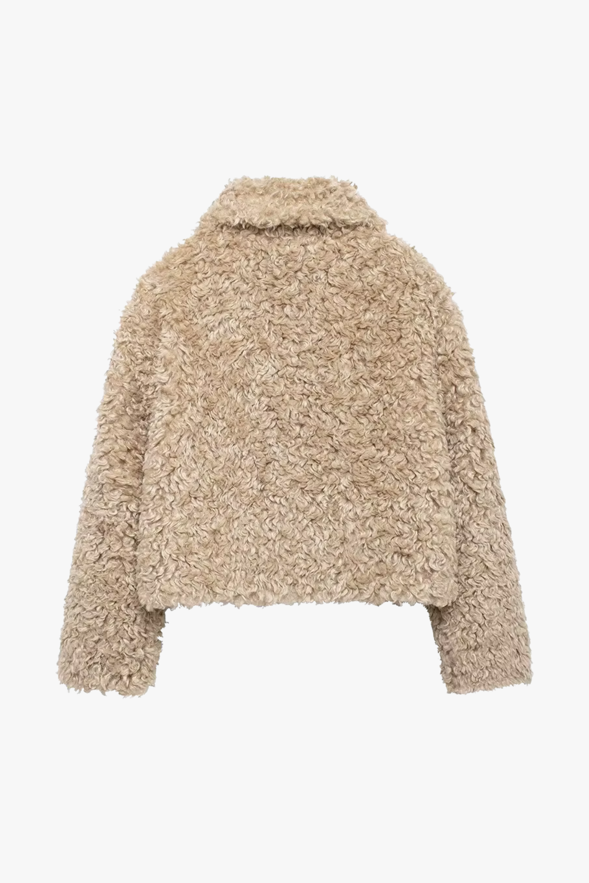 Back view—women’s camel curly teddy sherpa jacket, cropped boxy silhouette.