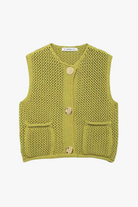 Green knitted vest with button details on a white background