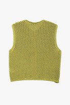Back side of a green knitted vest on a white background