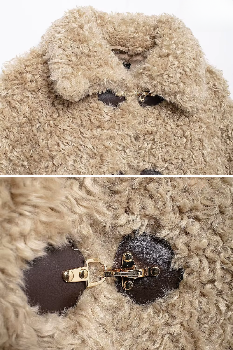 Spread collar and gold-tone toggle on camel teddy sherpa jacket—detail.