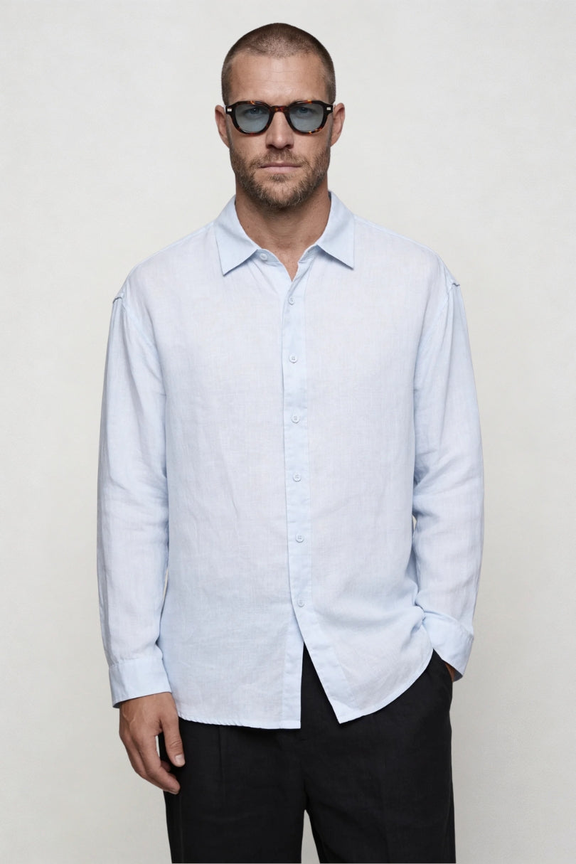 Men’s breathable 100% linen blue shirt lightweight summer button up long sleeve shirt