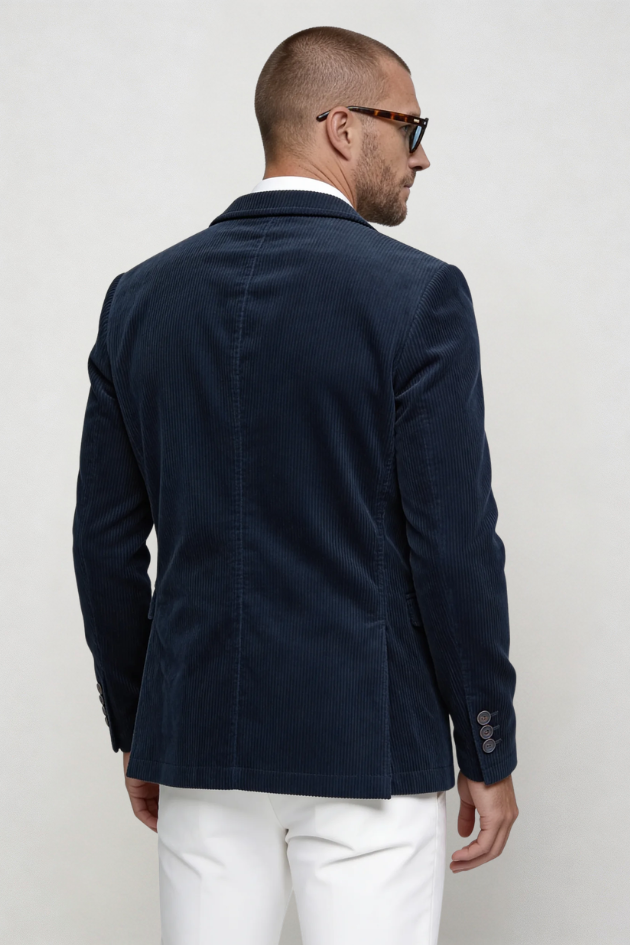 Lavencio Men Navy Cotton Corduroy Blazer Jacket Back Shot