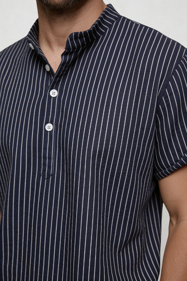 Men’s navy striped henley shirt cotton linen breathable lightweight summer short sleeve shirt close-up