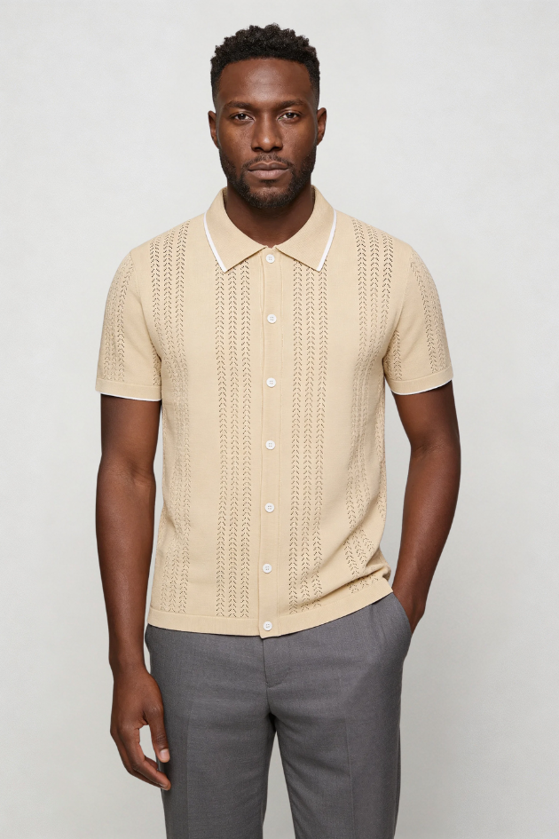 Men’s beige knit button shirt short sleeve breathable viscose summer shirt lightweight casual wear