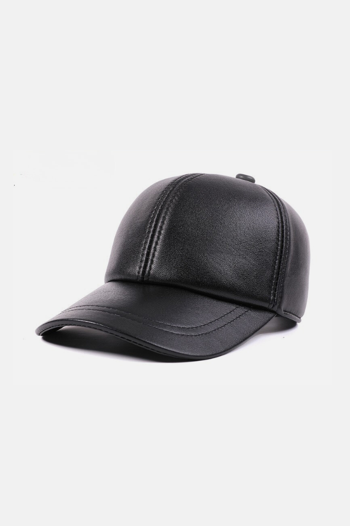 Men’s black genuine leather baseball cap with structured crown and curved brim