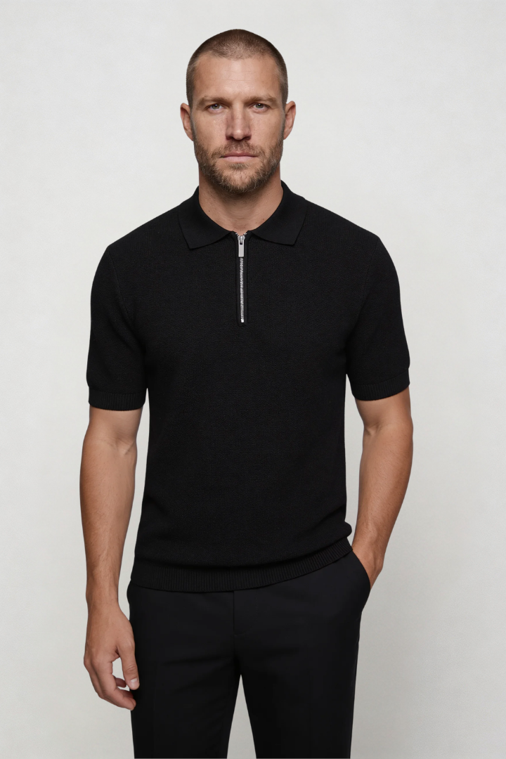 Men’s black knit polo shirt zip breathable lightweight short sleeve summer slim fit polo men