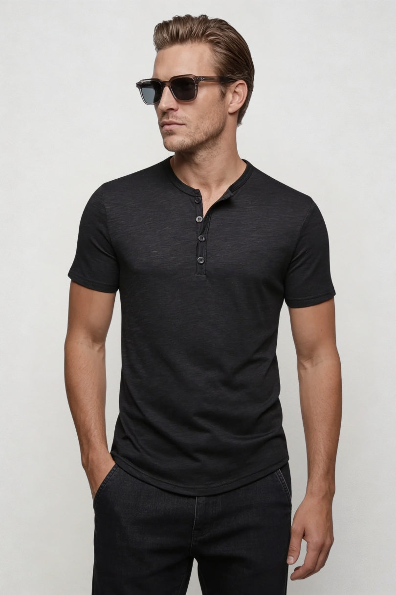 Men’s lightweight cotton blend henley shirt short sleeve breathable summer casual fitted tee in black front view