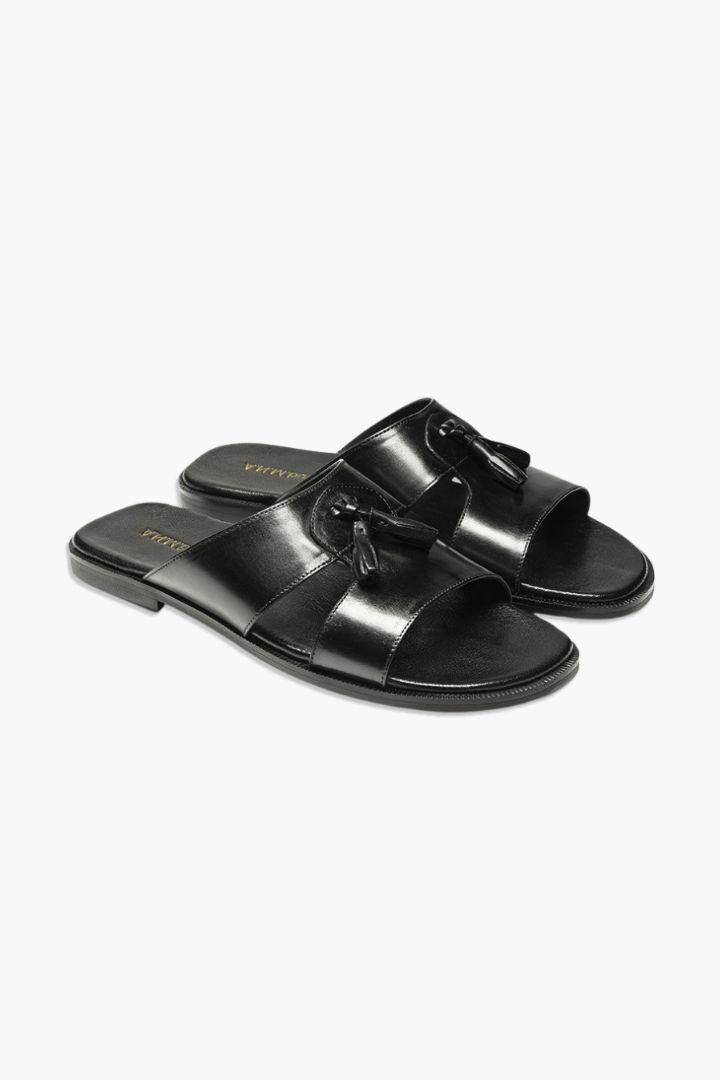 Bullock Tassel Leather Slides - Black