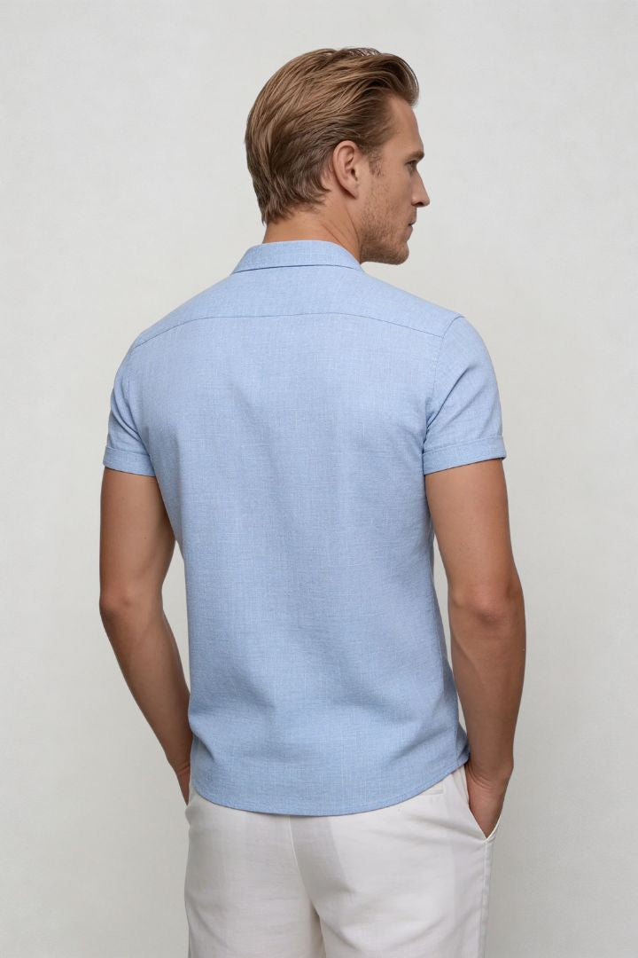 Men’s linen blend short sleeve Riviera shirt designed for breathable summer comfort in blue back-view