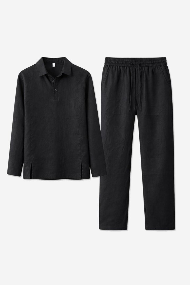 Men’s black linen polo shirt and linen pants summer outfit set with relaxed tailored fit items shoot