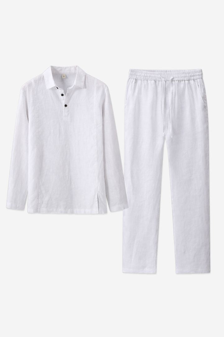 Men’s white linen polo shirt and linen pants summer outfit set with relaxed tailored fit set