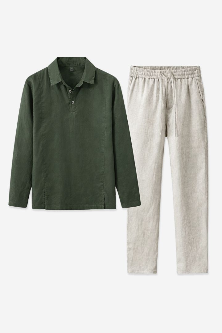 Green long-sleeve shirt and beige pants on a white background
