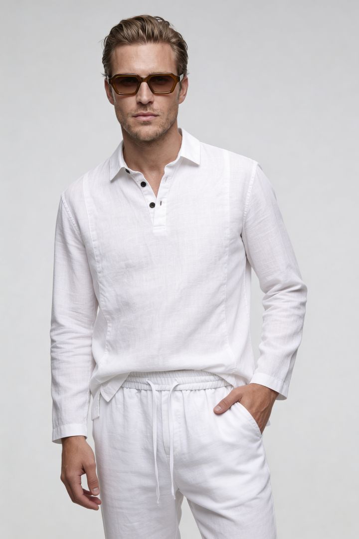 Men’s white linen polo shirt and linen pants summer outfit set with relaxed tailored fit front view