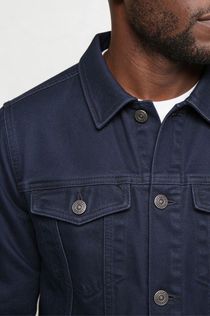 mens navy denim jacket slim fit cotton trucker style  close-up