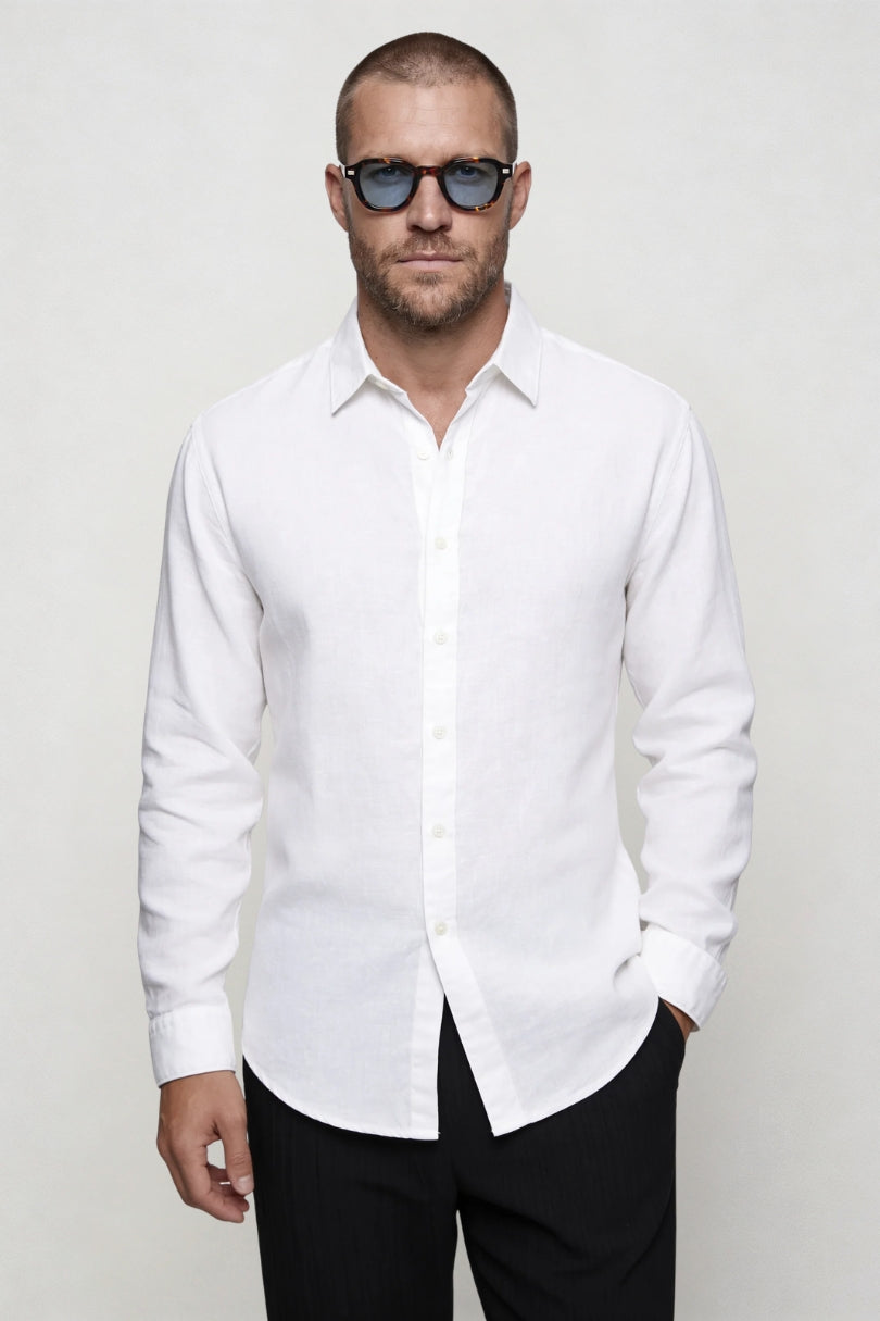 Men’s breathable 100% linen white shirt lightweight summer button up long sleeve shirt