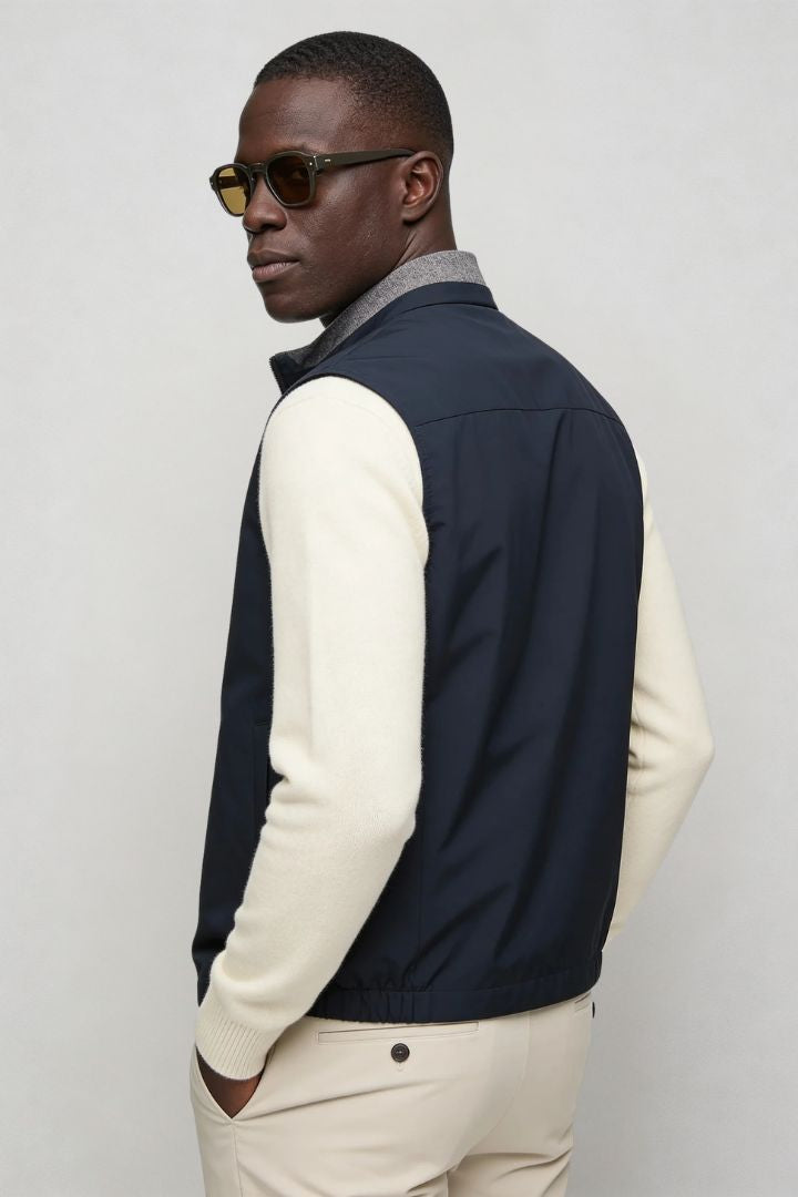 Lavencio Men’s slim fit reversible lightweight zip vest for smart casual layering navy back