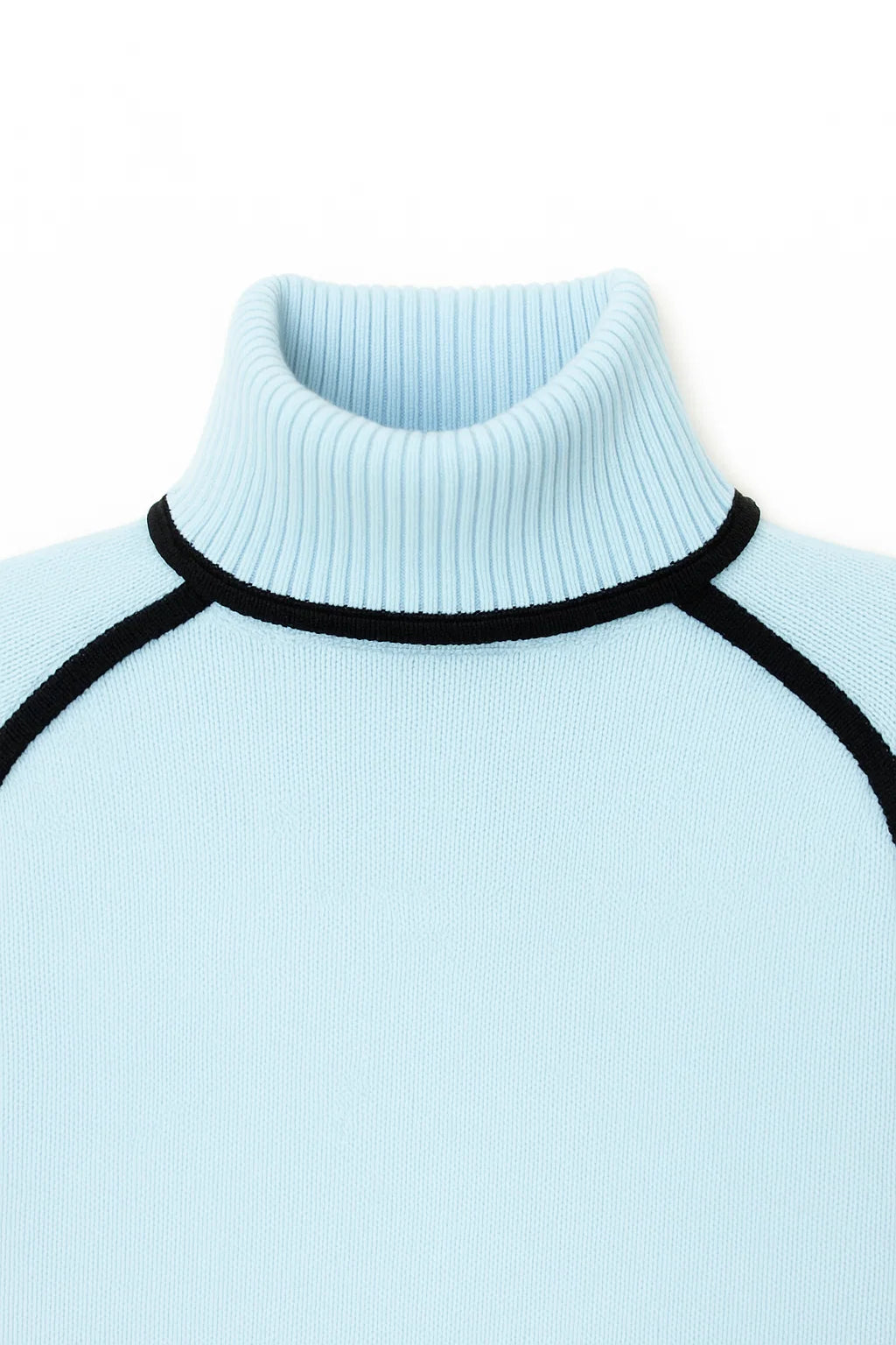 Light blue turtleneck sweater with black ribbed trim on a white background