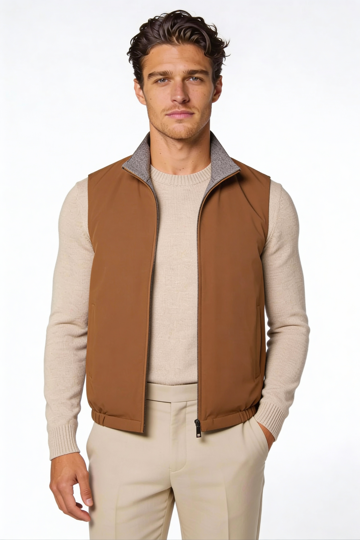 Men wearing a premium reversible lightweight vest with a clean, tailored fit, designed for versatile everyday layering.