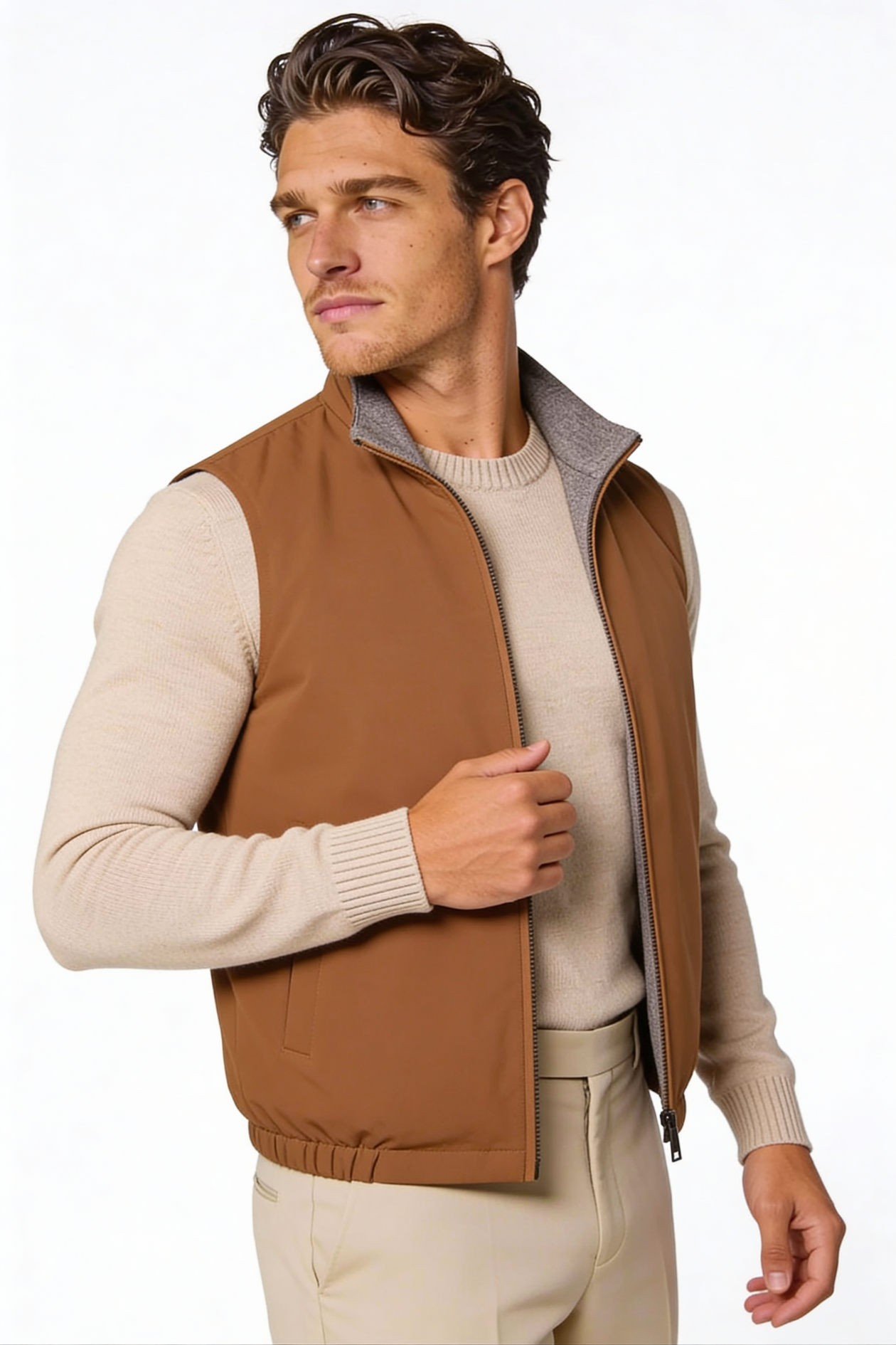Men wearing a premium reversible lightweight vest with a clean, tailored fit, designed for versatile everyday layering.